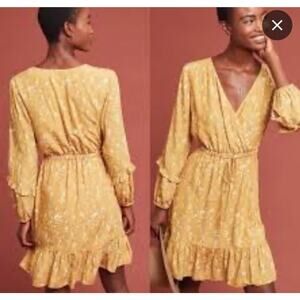 ANTHROPOLOGIE Dolan Dress Mustard Yellow Surplice Ruffle Hem Spring Dress - L